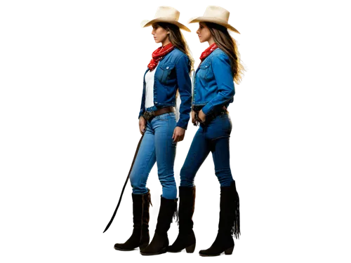 Cowgirl, cowboy, standing back-to-back, sunset silhouette, detailed hair, bandana, cowboy hat, leather boots, belt buckle, denim jeans, fringe jacket, lasso rope, rugged posture, strong facial feature