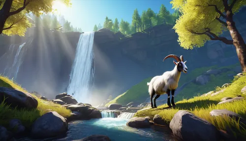 goat, simulator, Mornwood Falls, playful action, jumping, headbutting, textured fur, horns, dynamic pose, forest environment, trees, waterfalls, rocks, grass, open-world, interactive objects, vibrant 