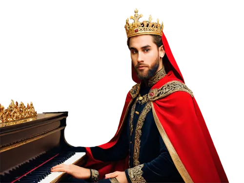 Regal, luxurious, golden royal crown, intricate designs, diamond studs, velvet cape, majestic beard, dignified facial expression, ornate throne, red carpet, grand piano, elegant fingers, playing music