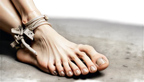 Right foot, barefoot, toes spread apart, high arch, delicate ankle bone, smooth skin, soft lighting, shallow depth of field, 3/4 composition, warm color tone, realistic texture, detailed toe nails, ge