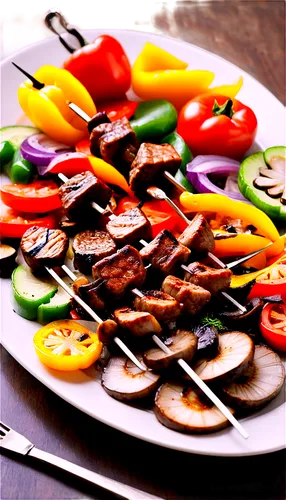 Plate of kebabs, Turkish cuisine, grilled meat skewers, colorful bell peppers, onions, tomatoes, mushrooms, savory spices, sizzling hot, steam rising, shallow depth of field, warm lighting, 3/4 compos