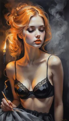 the drawings drawn with lit matches were cute, in the style of feminine portraiture, golden light, light gray, pensive poses, smokey background, light orange and light black, light & shadow, lingerie,