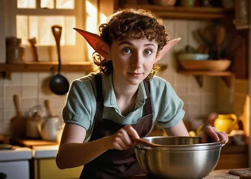 House Elf, tiny, pointy ears, mischievous eyes, pale skin, curly brown hair, apron, mixing bowl, wooden spoon, kitchen utensils, domestic environment, cozy atmosphere, warm lighting, soft focus, shall