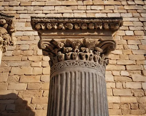 Ancient Greek column, Doric capital, ornate carvings, intricate details, weathered stone surface, crumbling edges, majestic structure, symmetrical composition, bright sunlight casting dramatic shadows