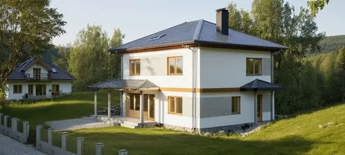 small modern house. The walls are white. Gray roof. There is a forest around the house.,two houses sitting near each other in a yard,model house,glickenhaus,small house,private house,lohaus,landhaus,P