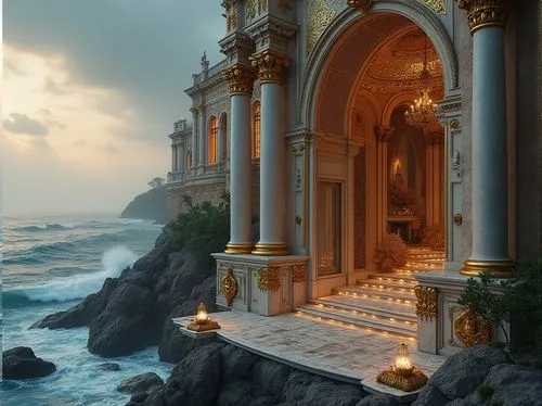 marble palace,oceanfront,ocean view,biarritz,pillars,miramare,house of the sea,grandeur,monaco,oceanview,luxury property,ligurian,amalfi coast,cliffside,alcove,amalfi,cliffs ocean,water stairs,water palace,gold castle,Photography,General,Realistic