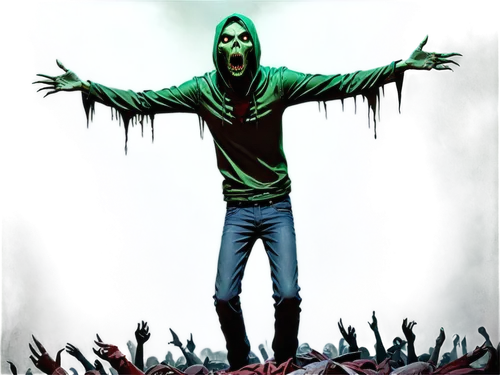 Undead creature, green skin, torn clothes, bloody wounds, sinister eyes, menacing posture, arms outstretched, mouth open in scream, dark atmosphere, foggy surroundings, eerie lighting, creepy sound ef