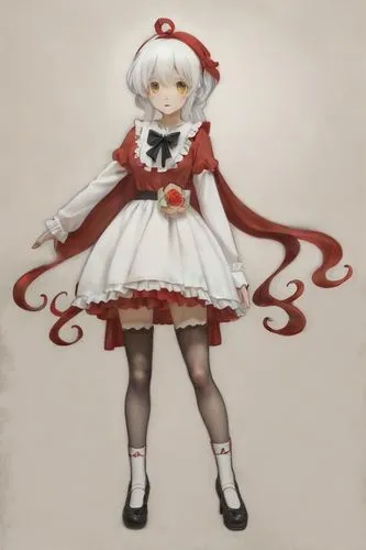 photo, photo realiism, girl, long hair, white hair, red eyes, red dress, cream blouse, brown skirt, ruffled skirt, black stockings, red shoes, plain background,puella,sakamaki,white and red,louisette,