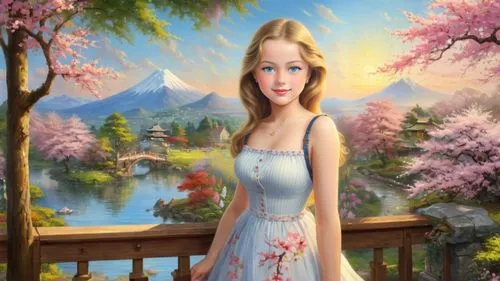 fantasy picture,landscape background,fairy tale character,springtime background,japanese sakura background,spring background,girl in flowers,photo painting,girl in a long dress,fantasy art,world digital painting,portrait background,fantasy portrait,romantic portrait,galadriel,romantic look,rapunzel,celtic woman,aerith,eilonwy