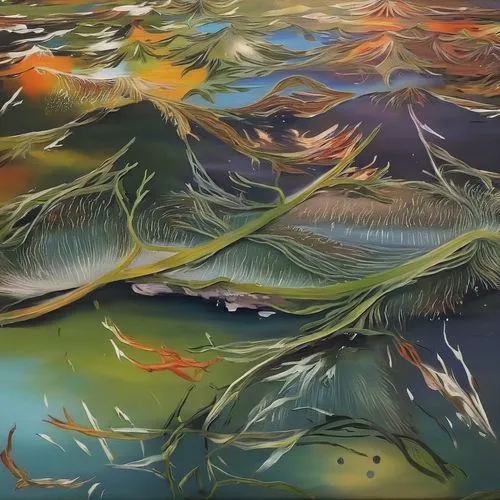 koi pond,underwater landscape,glass painting,swampy landscape,acid lake,oil on canvas,flowing creek,aerial landscape,panoramical,freshwater marsh,wetland,chalk drawing,river landscape,brook landscape,sea landscape,salt meadow landscape,waterscape,water lilies,wetlands,water scape,Illustration,Paper based,Paper Based 04