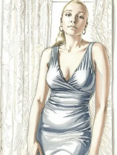 simple drawing of a woman with blonde hair in a dress near a window,a woman in a dress in front of a window,gavrilova,digital drawing,photo painting,comic halftone woman,digitised,female model,Concept