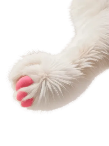 Fluffy dog paw, white fur, pink paw pads, sharp claws, gentle gesture, relaxed pose, soft focus, warm lighting, shallow depth of field, 3/4 composition, close-up shot, HD texture, realistic rendering.