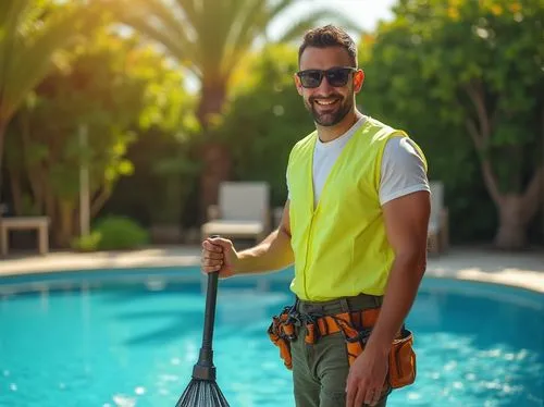 Maintenance staff, male, 30s, muscular build, short hair, sunglasses, yellow vest, tool belt, holding a pool cleaning net, standing near a sparkling blue Chukum pool, surrounded by lush greenery, palm