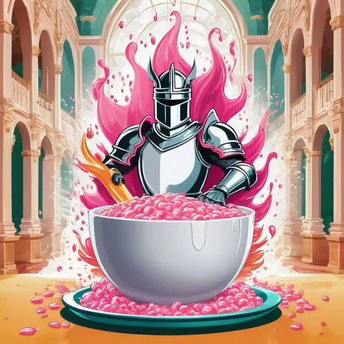 In a grand ballroom, a shining knight with a bright pink feather adorned on his nose stands tall and mighty above a giant spilling, colorful cereal bowl pouring milk into it. The bowl is filled with v