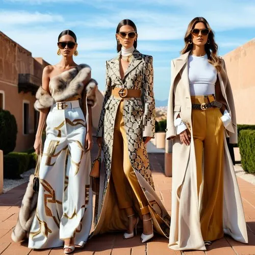 Fashion show ,three women in wide legged jumpsuits and jacket outfits,caftans,balmain,cavalli,tahiliani,demoiselles,kardashians,Photography,General,Realistic