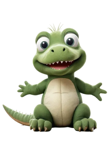 Yoshi, dinosaur character, green skin, big eyes, white belly, small arms, long tail, smiling face, sitting posture, grass texture, soft lighting, warm color tone, 3/4 composition, shallow depth of fie