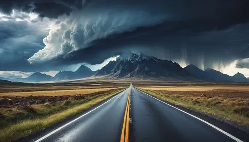 there is a picture of a road with a mountain in the background, it's running between a storm, storm background, cold stormy wind, bizzare landscape, surreal scene, digital art 4k unsettling, epic surr