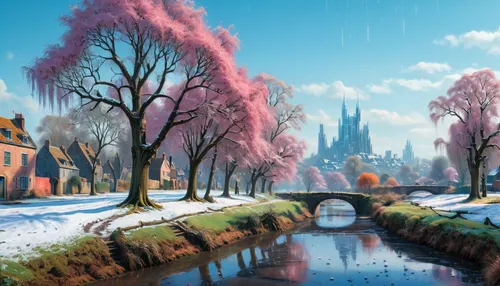 winter landscape,fantasy landscape,snow landscape,winter background,dutch landscape,sakura trees,delft,christmas landscape,snow scene,landscape background,ice landscape,snowy landscape,hamelin,world digital painting,winter village,fantasy picture,early spring,springtime background,winter morning,cherry trees,Art,Classical Oil Painting,Classical Oil Painting 41