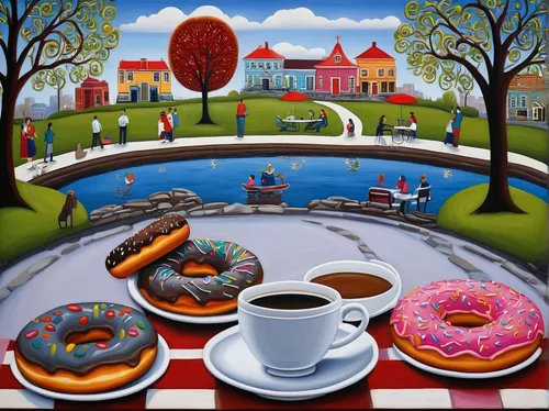 Describe a peaceful morning at a park where people gather to enjoy doughnuts and coffee.,donut illustration,donut drawing,donuts,doughnuts,café,coffee break,coffeehouse,breakfast table,the coffee shop