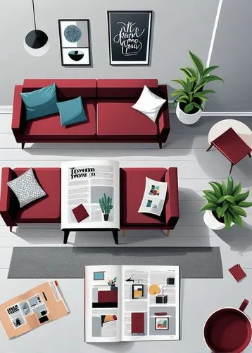 magazine illustration on table top view living room, burgundy, minimalism, gray strict furniture and white walls, drawing in a magazine. Illustrated-Booklet style,view from above of a living room and 