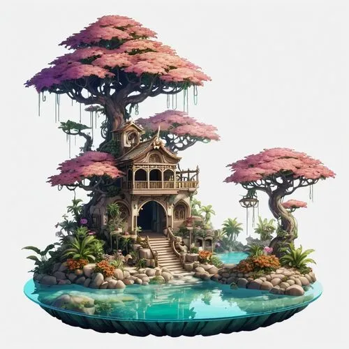 mushroom island,tree house,floating island,treehouse,floating islands,fairy house,Illustration,Abstract Fantasy,Abstract Fantasy 11