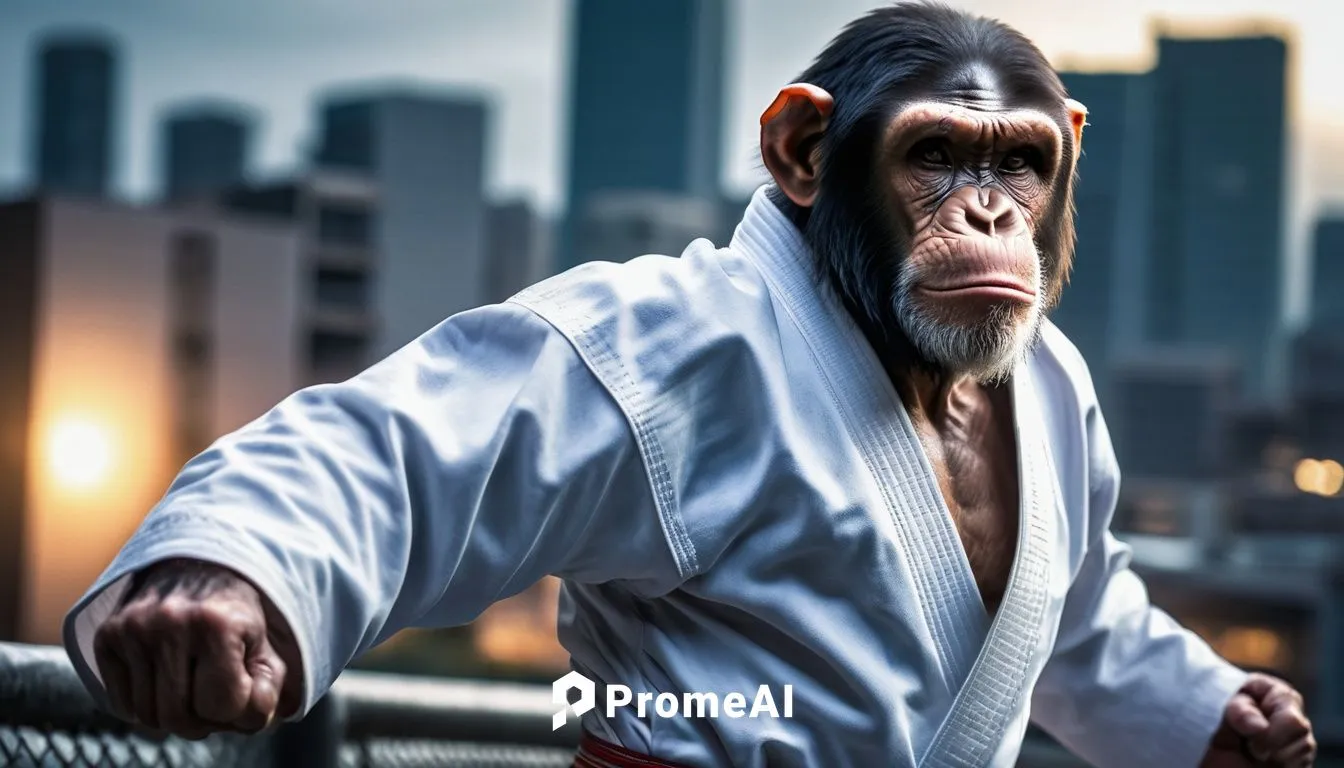 Mature muscular chimp, karate gi, white belt, intense focused eyes, serious facial expression, sweat droplets on forehead, powerful chest, strong arms, toned legs, standing pose, feet shoulder-width a