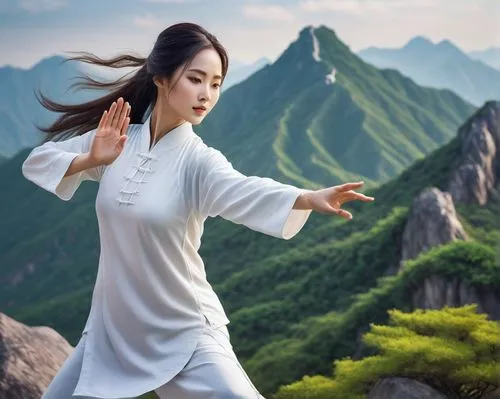 very beautiful charming Chinese woman in white, practicing Tai Chi on the top of the mountain, beautiful green expressive deep eyes, beautiful thin lips, beautiful long lush hair, happy,taijiquan,qi g