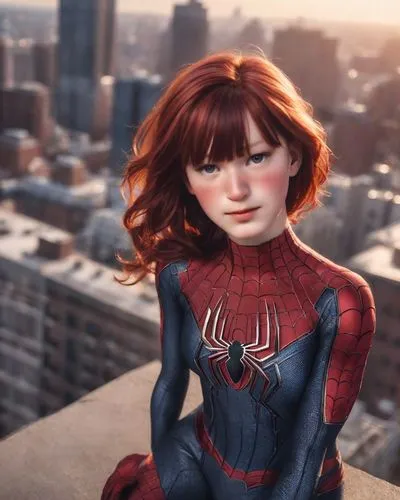 photo of female spidewoman on (top of a building:1.2), (photorealistic, raw, extremely intricate:1.3), dawn, cinematic light, best shadow, looking at viewer, skinny, (detailed skin:1.4), blurry, red l