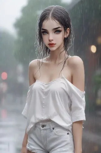 a young woman, elegant , sultry expression, wearing an oversized white t-shirt, off-shoulder, tattered, white denim shorts, standing in the rain, clothes drenched from the rain,in the rain,wet,walking