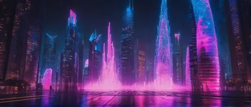 metropolis,fantasy city,futuristic landscape,vapor,cyberpunk,futuristic,dubai fountain,tokyo city,cityscape,colorful city,shinjuku,dubai,dystopian,city fountain,ultraviolet,tokyo,shanghai,city,the city,cities,Illustration,Realistic Fantasy,Realistic Fantasy 02