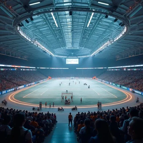 Futuristic sports stadium, sleek lines, neon lights, LED scoreboard, transparent roof, gleaming metal beams, holographic advertisements, robotic referees, athletes wearing high-tech suits, augmented r