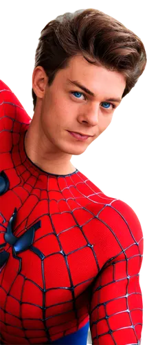 Spider-Man, facial close-up, Peter Parker's face, mask removed, bright blue eyes, messy brown hair, subtle smile, slight freckles, natural lighting, soft focus, shallow depth of field, cinematic compo