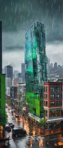 Seattle, modern architecture firm, glass skyscraper, steel frame, wooden accents, green roof, urban planning, busy streets, coffee shops, rain, cloudy, misty morning, softbox lighting, shallow depth o