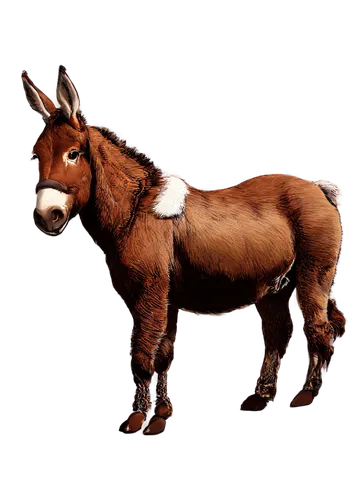 Brown donkey, standing, furry body, fluffy ears, long eyelashes, bright eyes, white muzzle, worn-out saddle, torn rope halter, rustic texture, warm lighting, low-angle shot, shallow depth of field, co