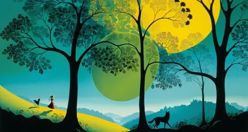 a painting of a woman standing next to a forest with a yellow moon behind her,animal silhouettes,forest background,forest animals,vintage couple silhouette,silhouette art,hanging moon,Illustration,Vec