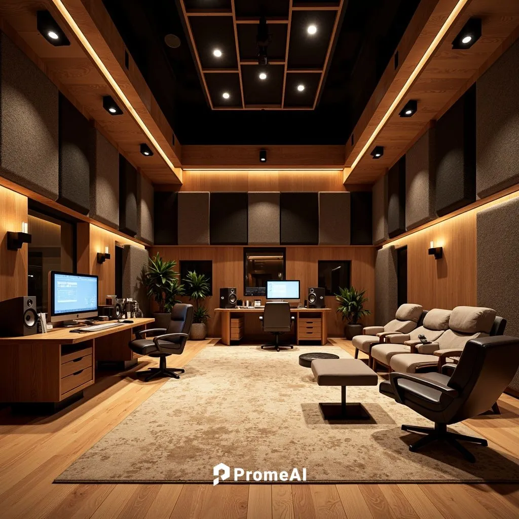 Professional recording studio, soundproofed walls, acoustic panels, diffusers, bass traps, high ceilings, wooden floors, minimal reverberation, optimal sound wave propagation, precise sound reflection