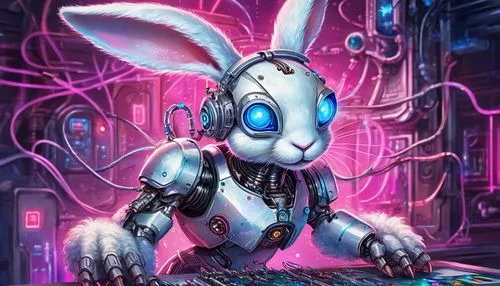 Cyborg bunny, half-bunny half-machine, shiny metal limbs, glowing blue eyes, pink ears with mechanical details, fluffy white tail with sparkles, cute expression, futuristic laboratory background, sci-