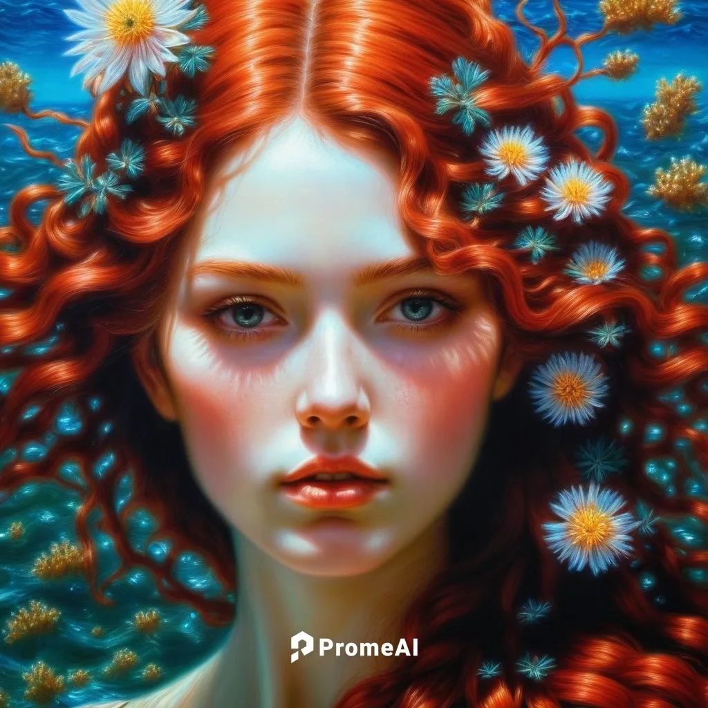 painting of a woman with long hair and a flower in her hair, peter gric and dan mumford, annasophia robb as aphrodite, complex redhead braided hair, riyoko ikeda, poseidon, by Mati Klarwein, medium lo