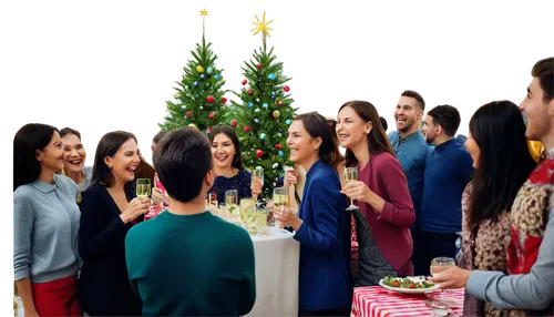 Holiday party, joyful atmosphere, group of friends, colorful decorations, balloons, streamers, Christmas tree, twinkling lights, festive tablecloth, delicious buffet, champagne glasses, confetti, chee