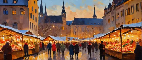 christmas market,medieval market,kefermarkt,grand place,advent market,bruges,metz,delft,stalls,muenster,the market,market,large market,christmas landscape,regensburg,cologne,market place,oil painting on canvas,unterer marktplatz,covered market,Conceptual Art,Oil color,Oil Color 22