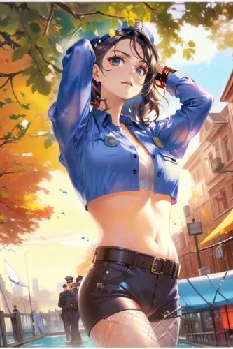 sexy anime cop,mila kunis, cop hat on head, handcuff on pocket,a girl in a blue shirt and black shorts,shimei,chihaya,yanmei,kanan,anime japanese clothing,rinko,Anime,Anime,General