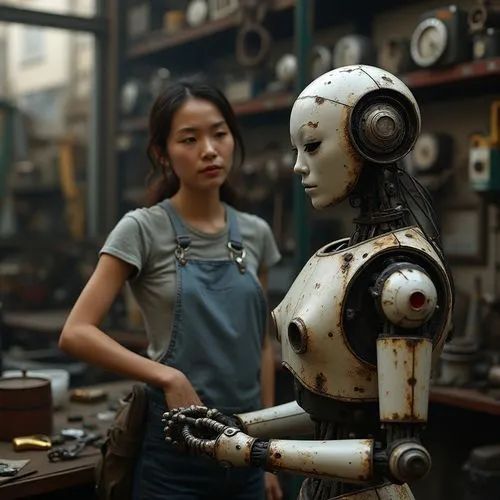 A vietnamese female 29 year old engineer working in A mechanic shop, the humanoid robot standing in the corner waiting for repair, dimi light , old and broken robot. Hight refine, strong enhance, styl