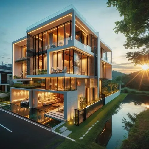 sun sunrise,modern house,modern architecture,cube house,house by the water,cubic house,beautiful home,residential house,luxury property,smart home,3d rendering,cube stilt houses,luxury home,holiday vi