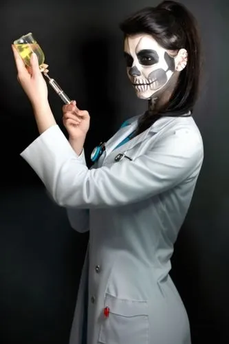 Медсестра в медицинском белом  халате  В Полный Рост ,a beautiful young woman dressed as a skeleton holding a needle,catrina calavera,skelemani,la calavera catrina,la catrina,skeleltt,female doctor