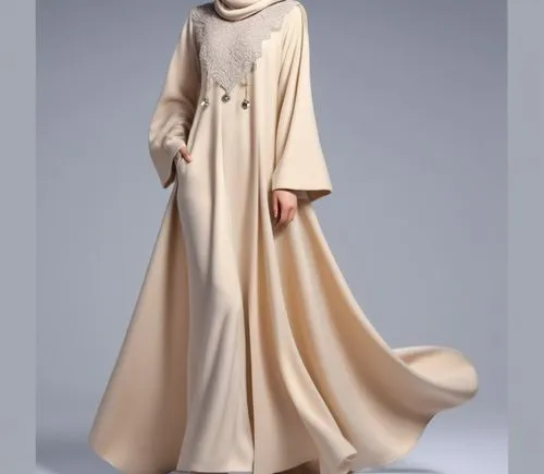 Wool 3d drawing fashion for Muslim hijab with winter design.with wool design velvet design ,a woman wearing a beige islamic style dress,abayas,abaya,a floor-length dress,cassock,bisht,caftan,Photograp