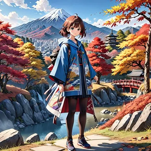 japanese style, manga, realistic,colors,autum,mountains,a woman wearing a kimono and carrying a bag, while standing in the water,suzumiya,haruhi suzumiya sos brigade,autumn background,japanese sakura 