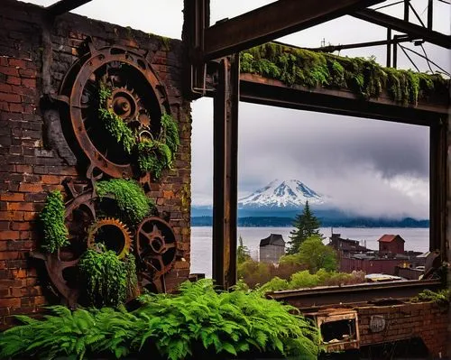 Architectural salvage store, Seattle WA, industrial chic, reclaimed wood, vintage metal signs, rusty gears, distressed brick walls, old factory windows, urban grunge, rainy day, dim lighting, dramatic