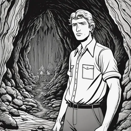 caving,cave tour,mine shaft,pit cave,fallout shelter,cave,geologist,farmer in the woods,biologist,cave man,coal mining,indiana jones,glacier cave,lava tube,lava cave,speleothem,mining,surveyor,steve rogers,miner,Illustration,Black and White,Black and White 18