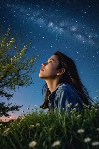 stargazing,moon and star background,girl lying on the grass,colorful stars,starry night,the moon and the stars,meditative,night stars,meditator,starry,the night sky,falling stars,meditation,starry sky,night sky,stars and moon,skygazers,astronomical,estrellas,serene,Photography,General,Realistic