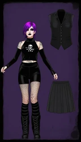 Paper doll 2d cartoon goth purple haired girl in black sleeveless shirt , black spandex shorts, complete full length fishnet and black goth knee Boots, standing surrounded by with a set of goth fashio